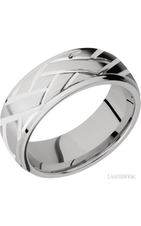 8 mm wide/Domed Stepped Down Edges/14K White Gold band with a machined Lattice pattern.