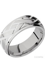 8 mm wide/Domed Stepped Down Edges/14K White Gold band with a machined Lattice pattern.