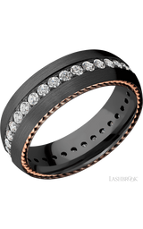 7 mm wide/Domed/Zirconium band with  two 1 mm Sidebraid inlays of 14K Rose Gold and featuring an Eternity arrangement of .03 carat Round Lab Grown Diamond stones in a Bead setting