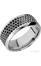 9 mm wide/High Bevel/14K White Gold band with a 4 Row Half Eternity arrangement of .015 carat Round Black Diamond stones in a Bead Channel setting.