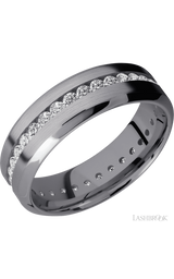 7 mm wide/High Bevel/Tantalum band with an Eternity arrangement of .03 carat Round Lab Grown Diamond stones in a Channel setting.