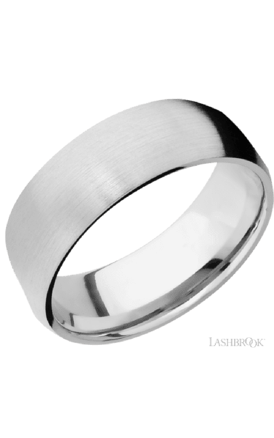 8 mm wide/Domed/14K White Gold band with  two 1 mm Sidebraid inlays of 14K White Gold and featuring a 3 Row Eternity arrangement of .015 carat Round Diamond stones in a Bead Channel setting