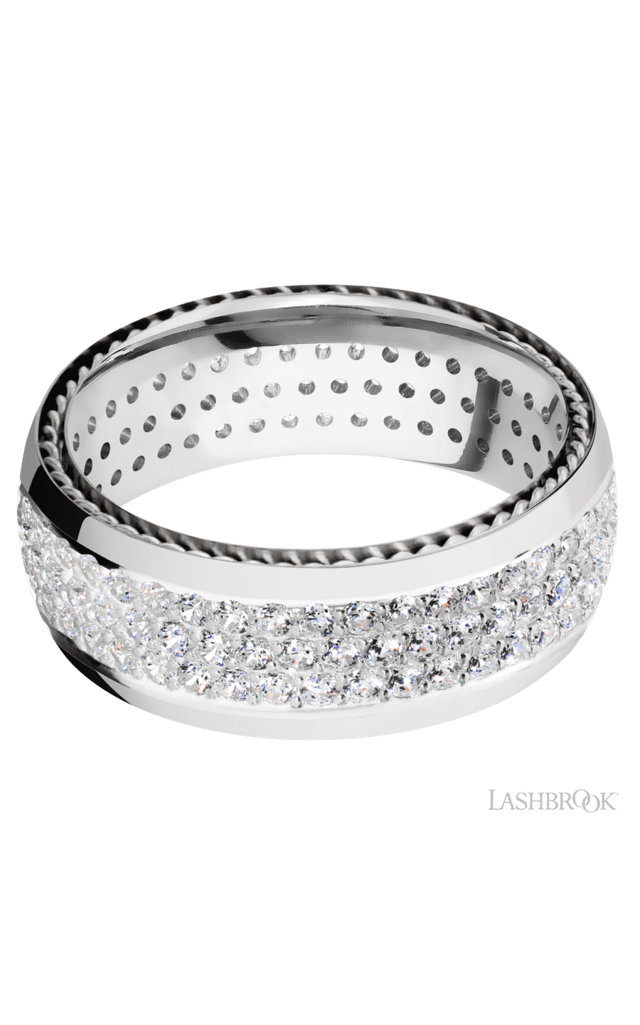 8 mm wide/Domed/14K White Gold band with  two 1 mm Sidebraid inlays of 14K White Gold and featuring a 3 Row Eternity arrangement of .015 carat Round Diamond stones in a Bead Channel setting
