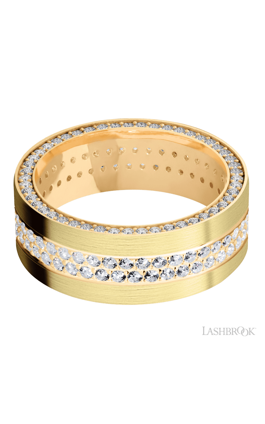 8 mm wide/Flat/14K Yellow Gold band with a Side Eternity arrangement of .01 carat Round Diamond stones in a Bead Channel setting and featuring a a 2 Row Eternity arrangement of .015 carat Round Diamond stones in a Bead Channel setting