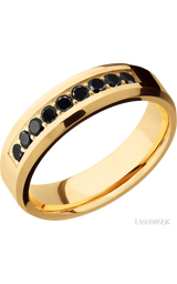 6 mm wide/Beveled/14K Yellow Gold band with an  arrangement of 9, .05 carat Round Black Diamond stones in a Bead Channel setting.