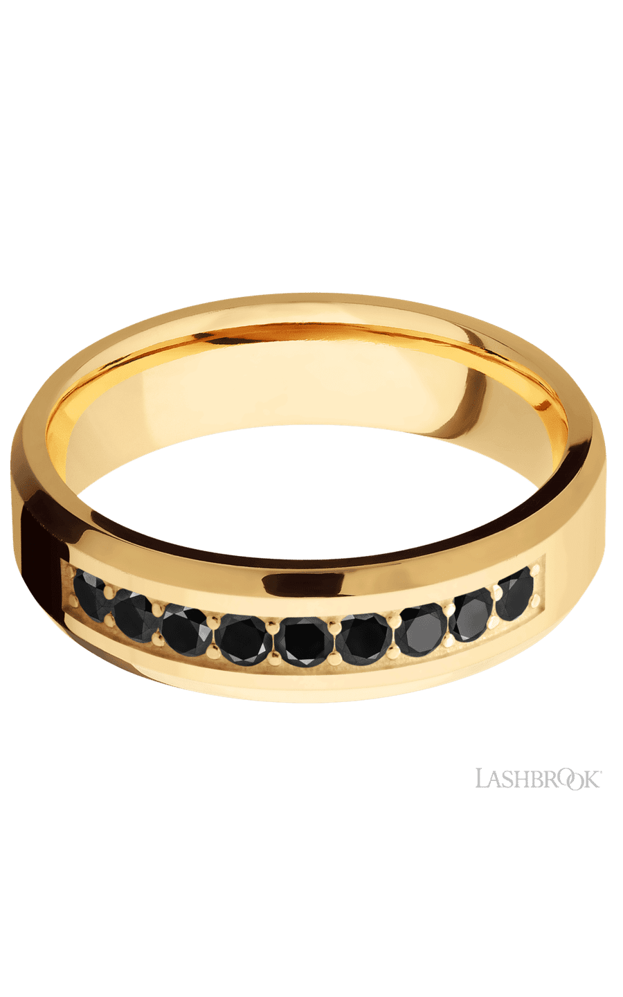6 mm wide/Beveled/14K Yellow Gold band with an  arrangement of 9, .05 carat Round Black Diamond stones in a Bead Channel setting.