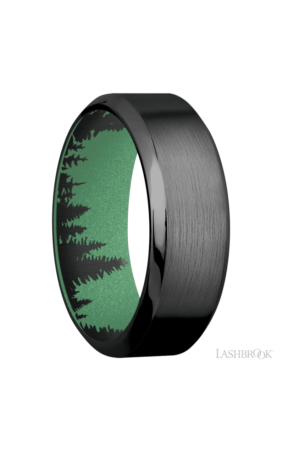 8 mm wide High Bevel Zirconium band featuring a Squatch sleeve.