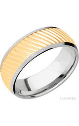 8 mm wide/Domed/14K White Gold band with one 6 mm Centered inlay of 14K Yellow Gold with a machined Ripple pattern.