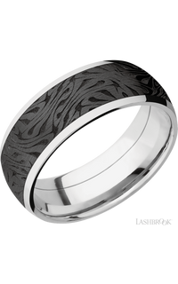 8 mm wide/Domed/Cobalt Chrome band with one 6 mm Centered inlay of Zirconium with a laser carved Escher 1 pattern.