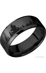 8 mm wide/Beveled/Zirconium band with a laser carved Trees pattern.