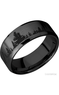 8 mm wide/Beveled/Zirconium band with a laser carved Trees pattern.