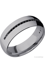 7 mm wide/Domed/Tantalum band with a Half Eternity arrangement of .015 carat Round Black Diamond stones in a Channel setting.