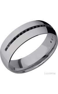 7 mm wide/Domed/Tantalum band with a Half Eternity arrangement of .015 carat Round Black Diamond stones in a Channel setting.