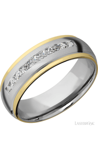 7 mm wide/Domed Stepped Down Edges/Cobalt Chrome band with an  arrangement of 9, .05 carat Round Lab Grown Diamond stones in a Channel setting and featuring two 1 mm Edge inlays of 14K Yellow Gold