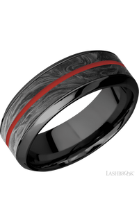 8 mm wide/High Bevel/Zirconium band featuring inlays of Forged Carbon Fiber and USMC Red.