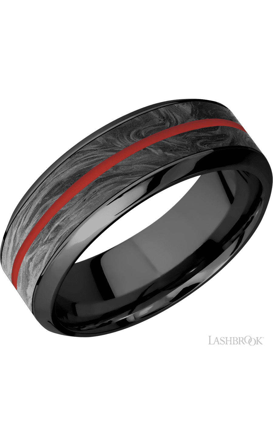 8 mm wide/High Bevel/Zirconium band featuring inlays of Forged Carbon Fiber and USMC Red.