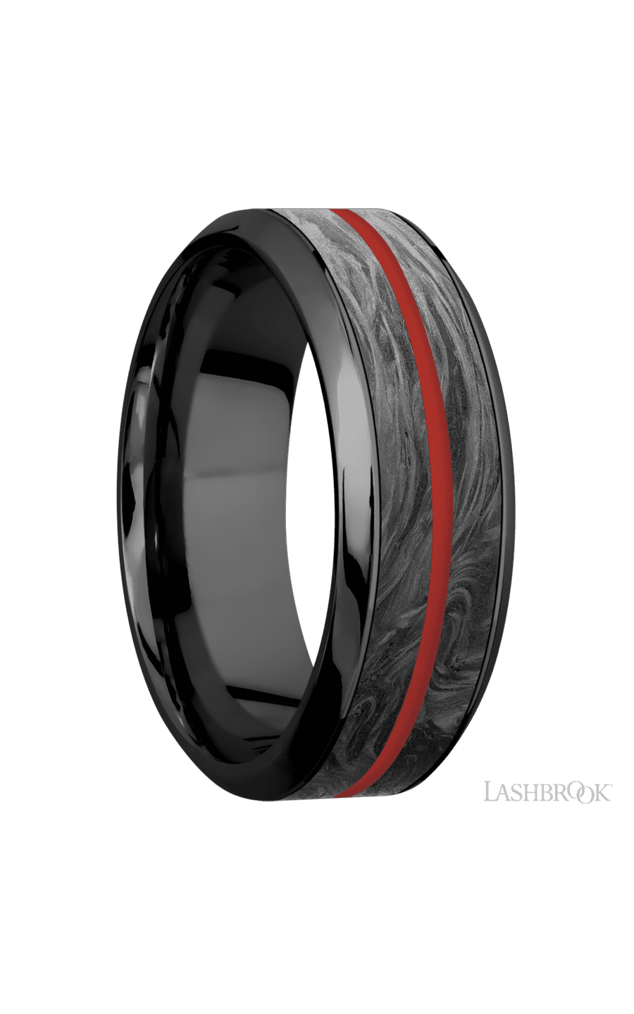 8 mm wide/High Bevel/Zirconium band featuring inlays of Forged Carbon Fiber and USMC Red.