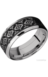 8 mm wide/Beveled/Cobalt Chrome band with one 6 mm Centered inlay of Tantalum with a laser carved Aztec 2 pattern.