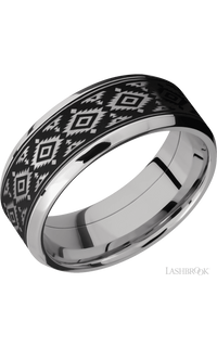 8 mm wide/Beveled/Cobalt Chrome band with one 6 mm Centered inlay of Tantalum with a laser carved Aztec 2 pattern.
