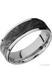7 mm wide/Flat Grooved Edges/Cobalt Chrome band with one 5 mm Raised Centered inlay of Forged Carbon Fiber.