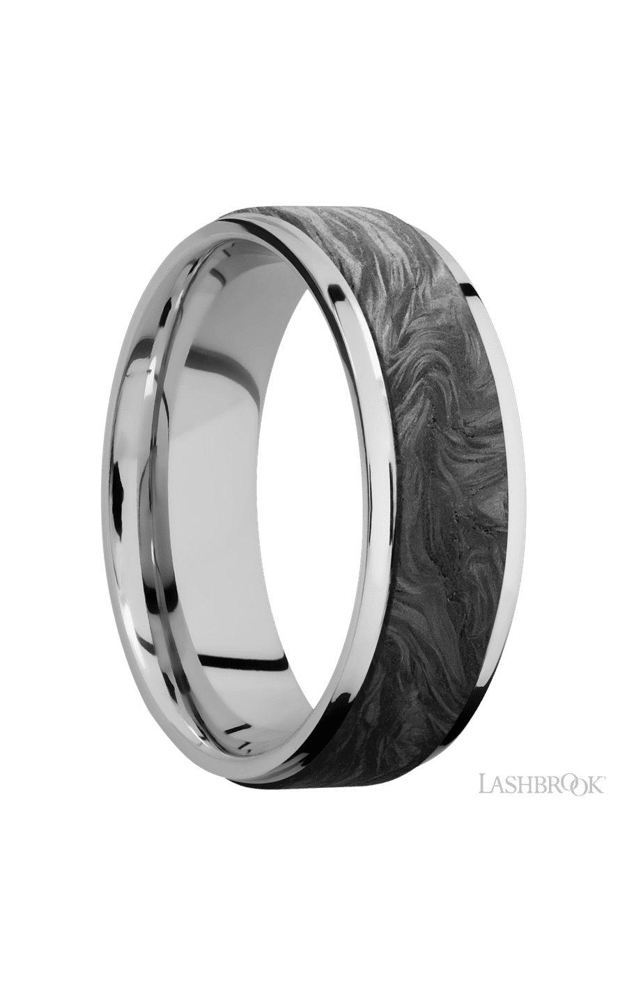 7 mm wide/Flat Grooved Edges/Cobalt Chrome band with one 5 mm Raised Centered inlay of Forged Carbon Fiber.