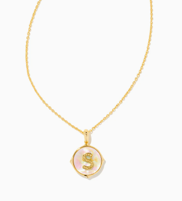Letter S Gold Plated Disc Pendant in Iridescent Abalone by Kendra Scott