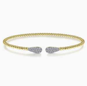 14K Yellow Gold Bujukan Bead Cuff Bracelet with 0.29cttw Diamond Pave Teardrops size 6.0