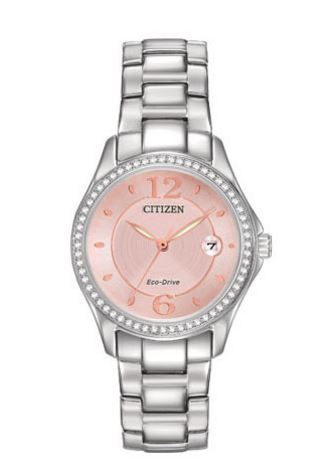 Stainless Steel Eco Drive Watch with Rose Dial, Swarovski Crystals & Date by Citizen
