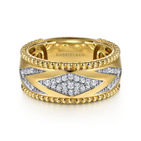 14K Yellow Gold Bujukan Diamond and Chevron Design Wide Band Ring