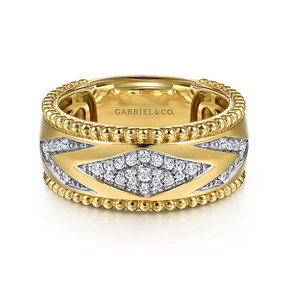 14K Yellow Gold Bujukan Diamond and Chevron Design Wide Band Ring