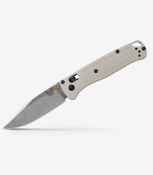 Bugout Knife with Tan Grivory Handle Scales & Gold Anodized Thumb Stud