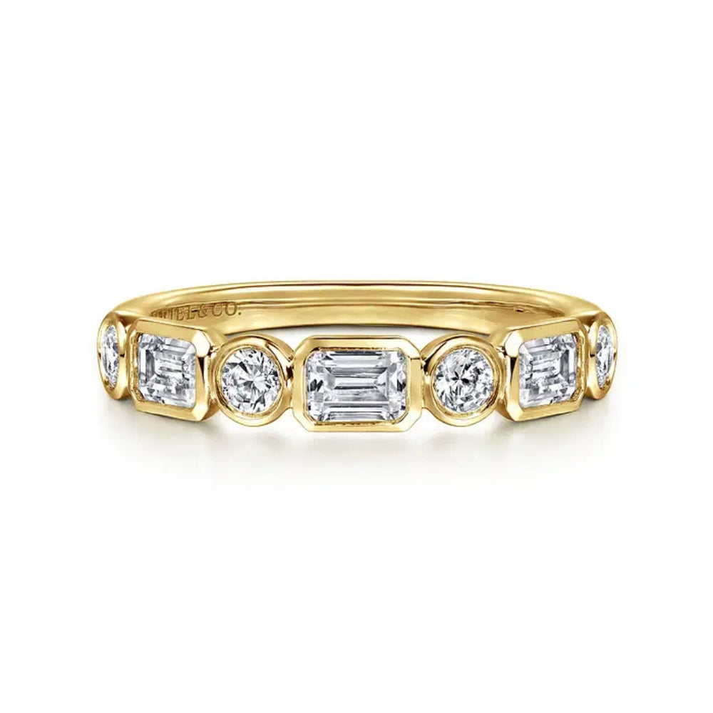 14K Yellow Gold Bezel Set 0.51cttw VS2 G-H Emerald Cut & 0.26cttw SI G-H RBC Diamond Band by Gabriel