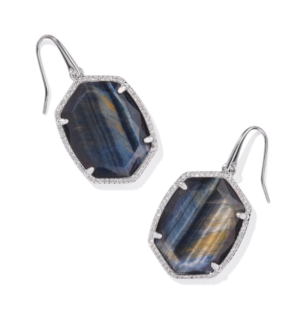 Daphne Silver Navy Tigers Eyes Pave Frame Drop Earrings by Kendra Scott