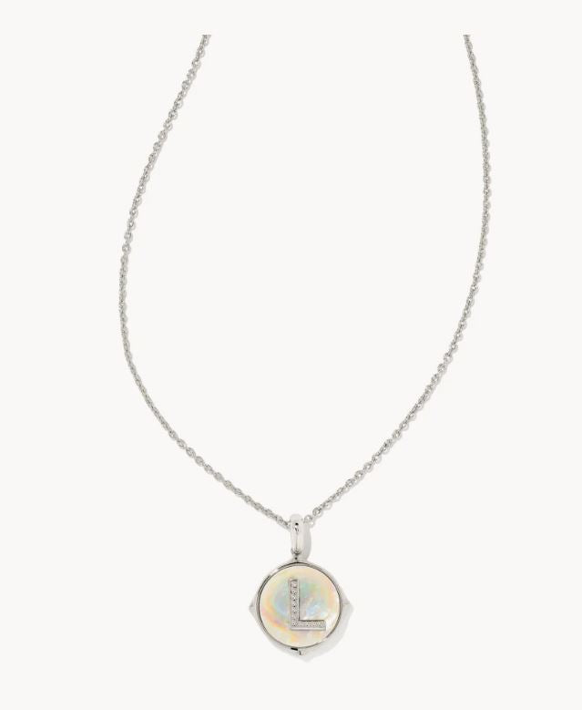 Letter L  Silver Plated Disc Reversible Necklace in Iridescent Abalone by Kendra Scott