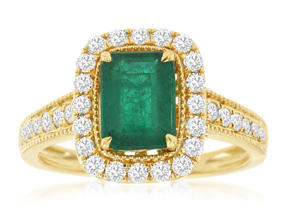 14K Yellow Gold 1.12ct Emerald &amp; 0.52cttw H/I SI Diamond Ring