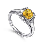 Sterling Silver Citrine Cushion Cut Beaded Ring by Gabriel