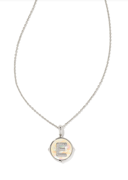 Letter E Silver Plated Disc Reversible Necklace in Iridescent Abalone by Kendra Scott