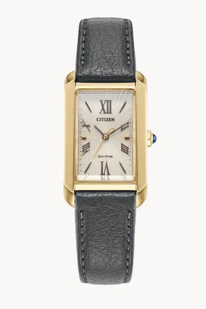 Ladies Eco-Drive L Bianca Curved Rectangular Case with Black Leather Strap by Citizen