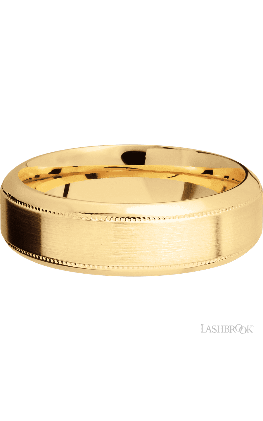 7 mm wide High Bevel Milgrain 14K Yellow Gold band.