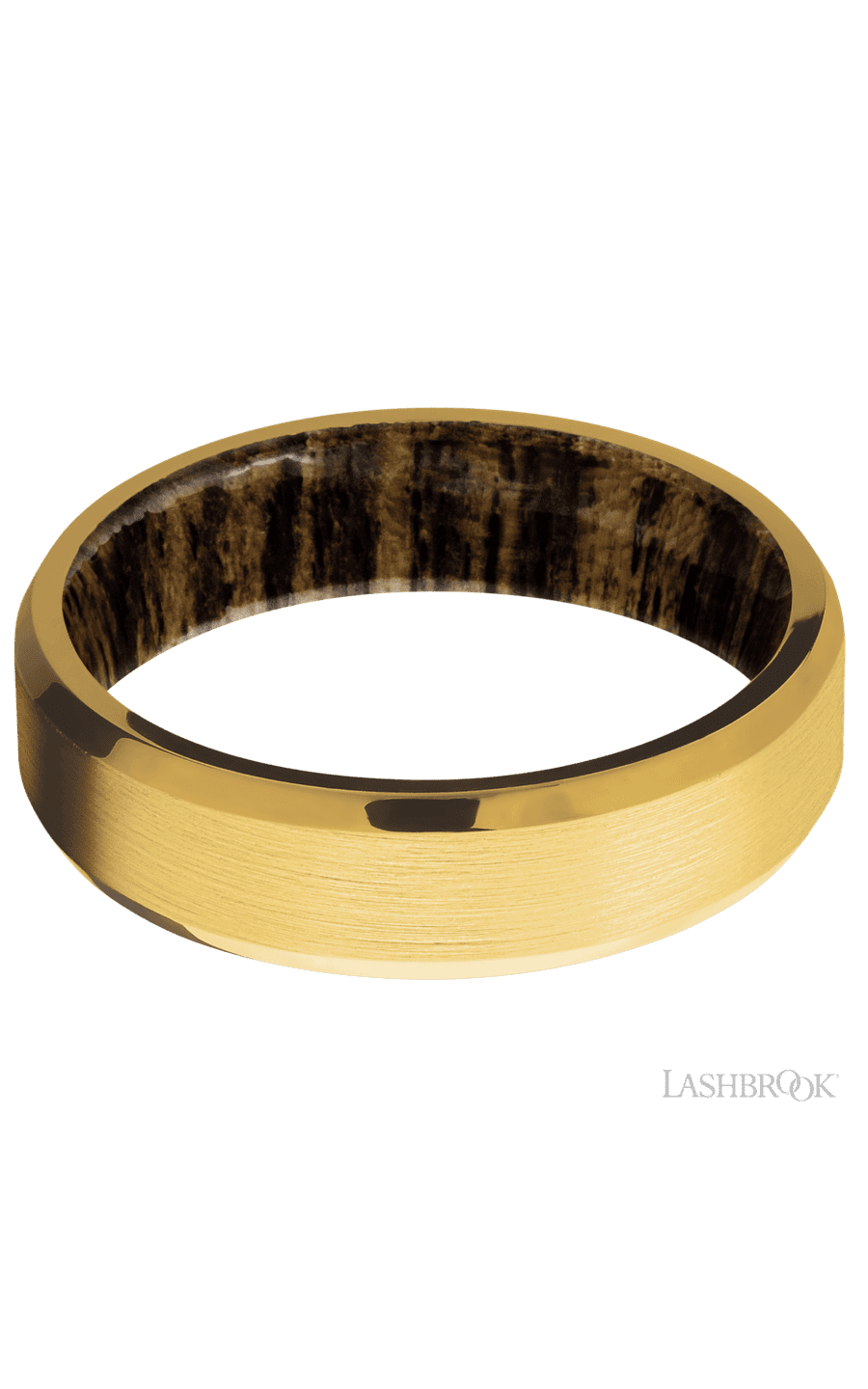 6 mm wide Beveled 18K Yellow Gold band featuring a Bocote sleeve.
