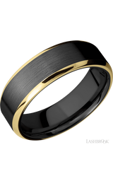 7 mm wide/Beveled/Zirconium band with two 1 mm Edge inlays of 14K Yellow Gold.