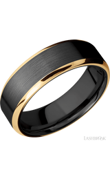 7 mm wide/Beveled/Zirconium band with two 1 mm Edge inlays of 14K Yellow Gold.