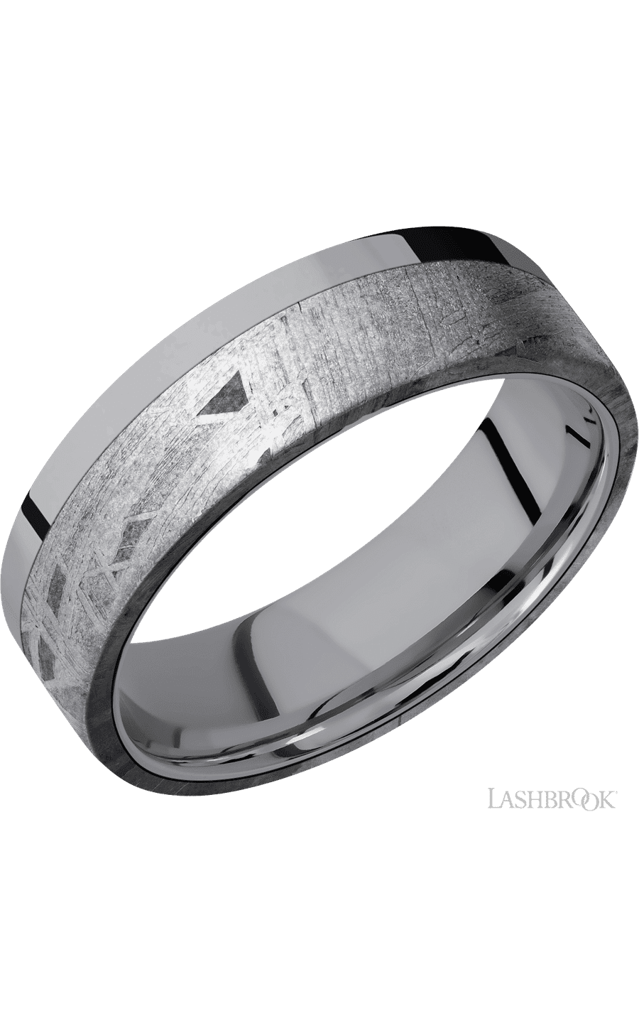 7 mm wide/Flat/Tantalum band with one 5 mm Off Center Edge inlay of Meteorite.