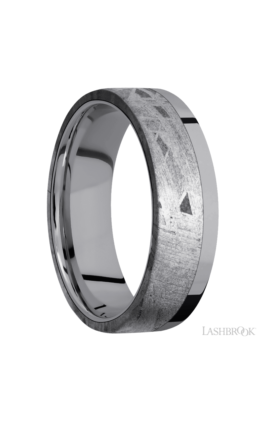 7 mm wide/Flat/Tantalum band with one 5 mm Off Center Edge inlay of Meteorite.