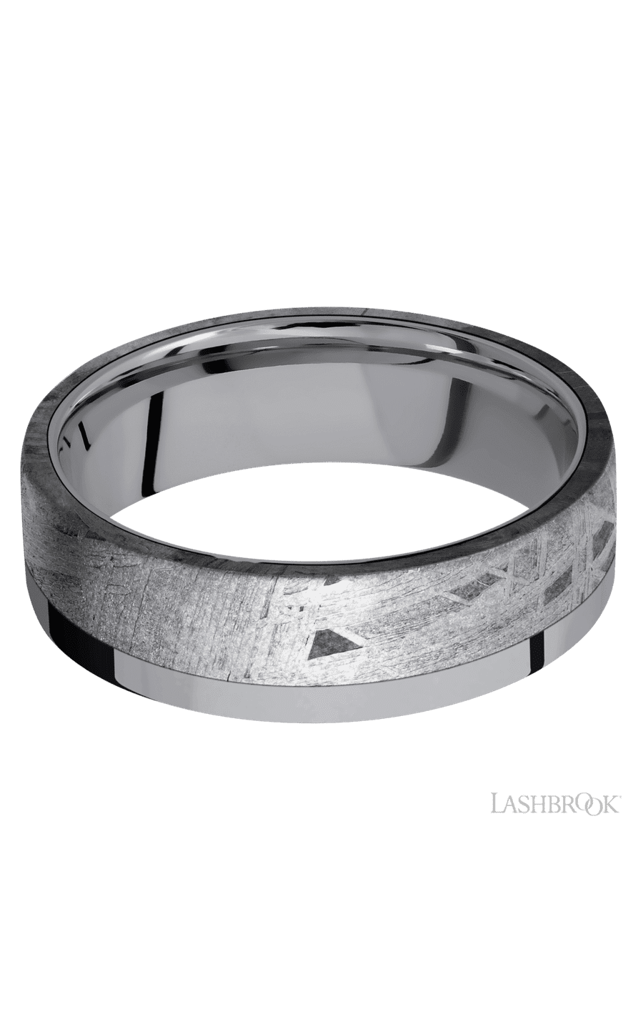 7 mm wide/Flat/Tantalum band with one 5 mm Off Center Edge inlay of Meteorite.