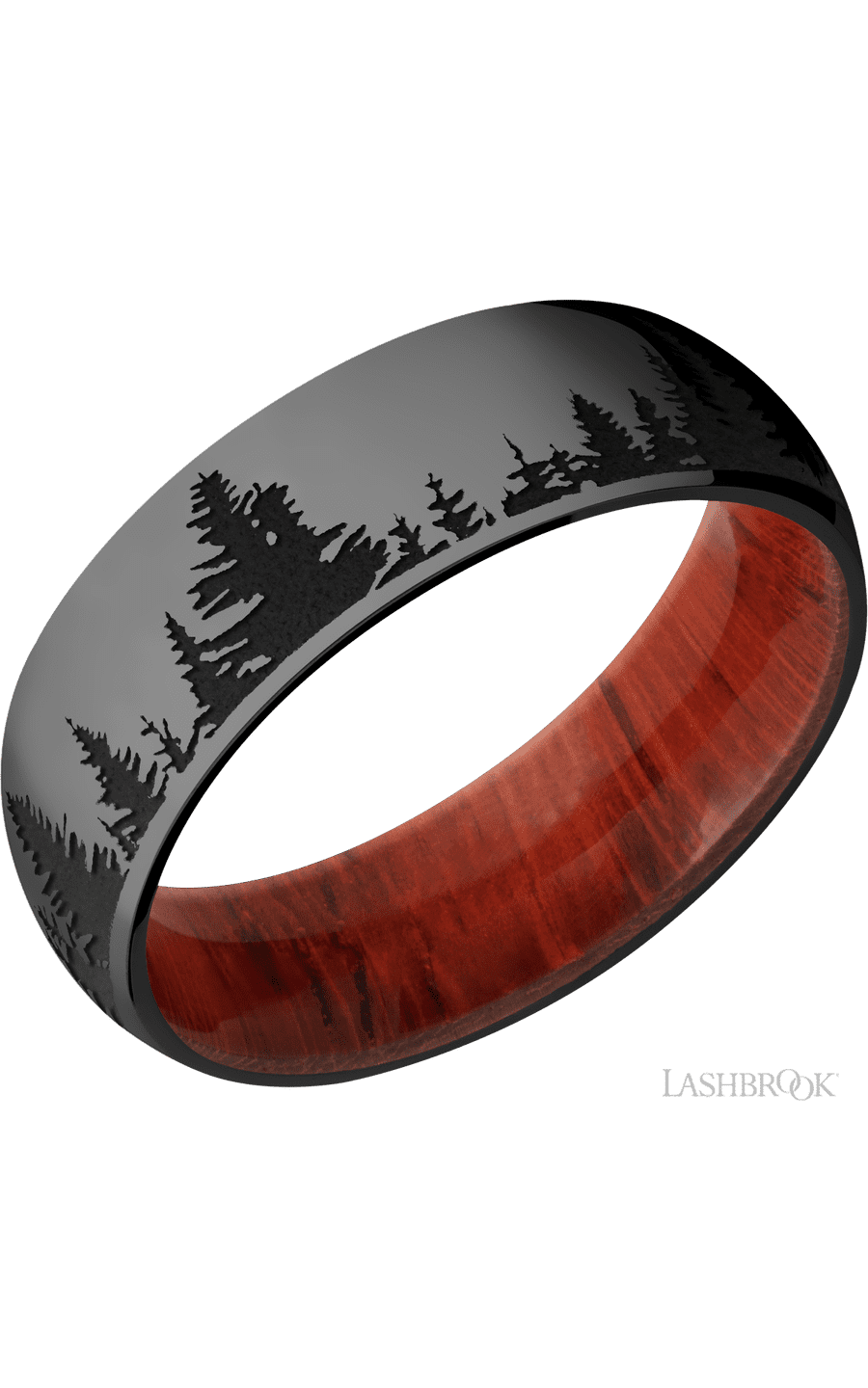 7 mm wide/Domed/Zirconium band with a laser carved Trees pattern also featuring a Padauk sleeve.