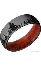 7 mm wide/Domed/Zirconium band with a laser carved Trees pattern also featuring a Padauk sleeve.