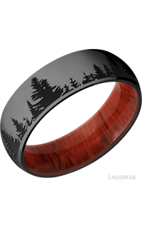 7 mm wide/Domed/Zirconium band with a laser carved Trees pattern also featuring a Padauk sleeve.
