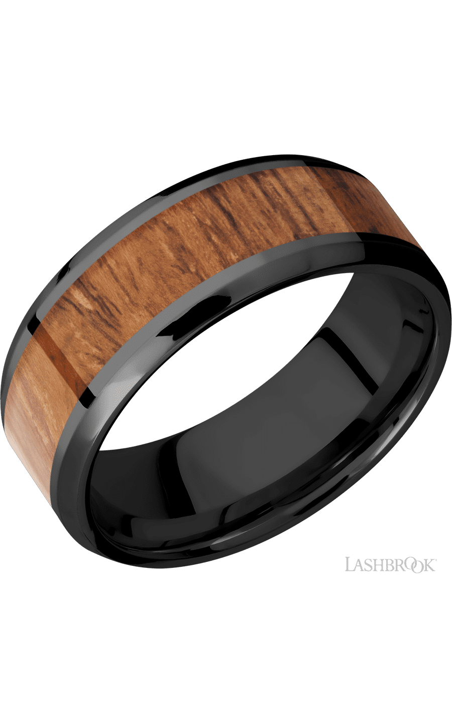 8 mm wide/Beveled/Zirconium band with one 5 mm Centered inlay of Desert Iron Wood.