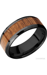 8 mm wide/Beveled/Zirconium band with one 5 mm Centered inlay of Desert Iron Wood.